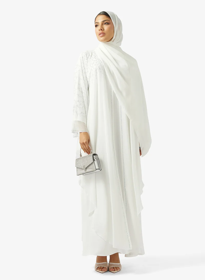 hayas closet White Embellished Abaya With Sheila